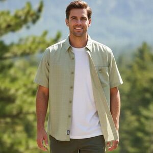 Columbia Mens Button Down Shirt Size S Checked Modal Blend Short Sleeve Green